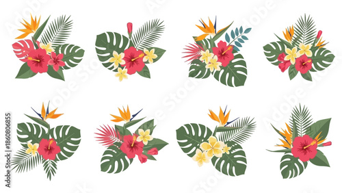 Tropical floral arrangements with hibiscus and bird of paradise flowers perfect for summer designs