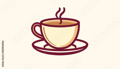 Stylized Cup of Coffee with Steam on a Saucer Illustration.