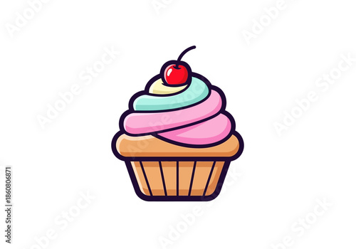 Colorful Cupcake with Cherry Topping Illustration for Dessert Lovers.