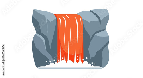 Cartoon Waterfall Between Rocks with Orange Water Flowing Down.