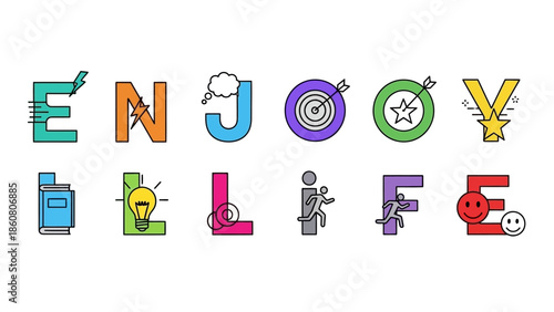 Typography inspired icons representing positive concepts for Enjoy Life