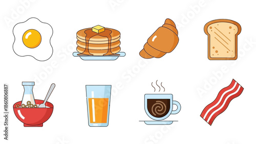 Various breakfast food items arranged in a grid format on a white background, perfect for digital