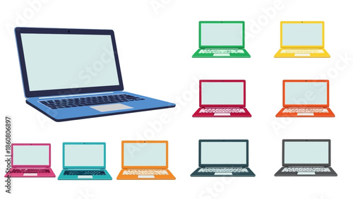 Various Colorful Laptops Displayed in a Grid Arrangement on a White Background