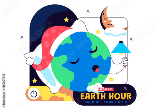 Happy Earth Hour Day Vector Illustration Featuring Cloud, Light Bulb, World Map, And Turning Off Lights Theme In Flat Cartoon Background