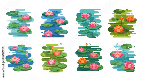 Vibrant Flat Design Water Lilies Collection Isolated on White Background