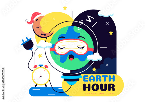 Happy Earth Hour Day Vector Illustration Featuring Cloud, Light Bulb, World Map, And Turning Off Lights Theme In Flat Cartoon Background