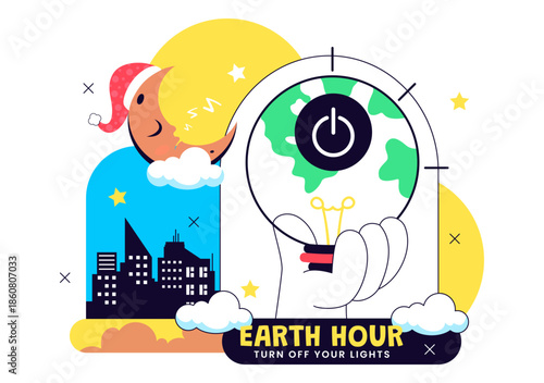 Happy Earth Hour Day Vector Illustration Featuring Cloud, Light Bulb, World Map, And Turning Off Lights Theme In Flat Cartoon Background