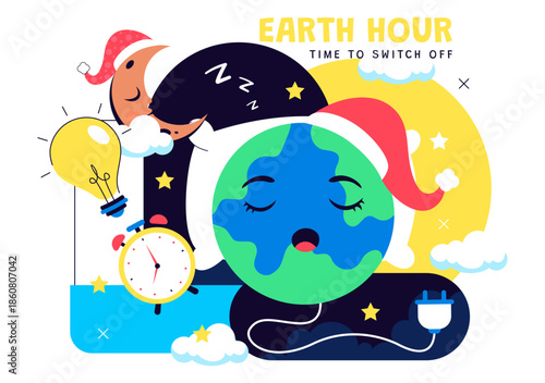 Happy Earth Hour Day Vector Illustration Featuring Cloud, Light Bulb, World Map, And Turning Off Lights Theme In Flat Cartoon Background