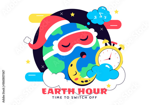 Happy Earth Hour Day Vector Illustration Featuring Cloud, Light Bulb, World Map, And Turning Off Lights Theme In Flat Cartoon Background