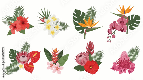 Vibrant Tropical Flower Arrangements Featuring Exotic Blooms and Lush Foliage on White