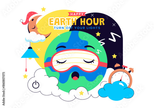 Happy Earth Hour Day Vector Illustration Featuring Cloud, Light Bulb, World Map, And Turning Off Lights Theme In Flat Cartoon Background