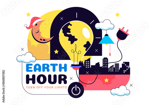 Happy Earth Hour Day Vector Illustration Featuring Cloud, Light Bulb, World Map, And Turning Off Lights Theme In Flat Cartoon Background