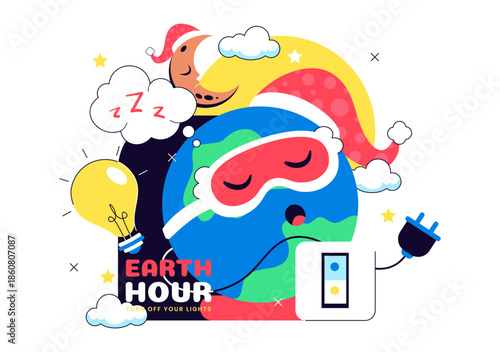 Happy Earth Hour Day Vector Illustration Featuring Cloud, Light Bulb, World Map, And Turning Off Lights Theme In Flat Cartoon Background