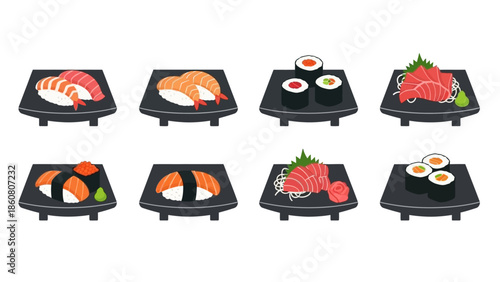 A Collection of Delicious Sushi and Sashimi Dishes Presented on Plates