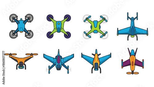 A Collection of Diverse Drone and Aircraft Illustrations in Cartoon Style