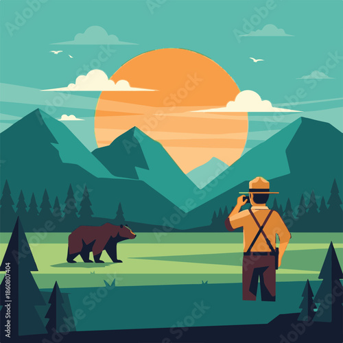 A peaceful mountain landscape with horses and farm animals at sunset