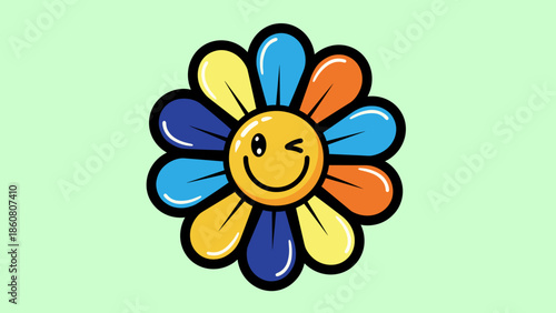 Colorful Cartoon Flower with Smiley Face and Winking Eye.