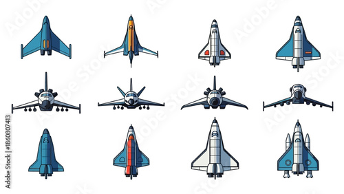 A collection of twelve diverse and futuristic spacecraft illustrations on a clean white background