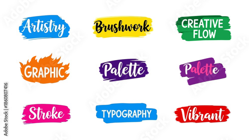 A collection of vibrant and artistic typography and graphic design elements on a white background