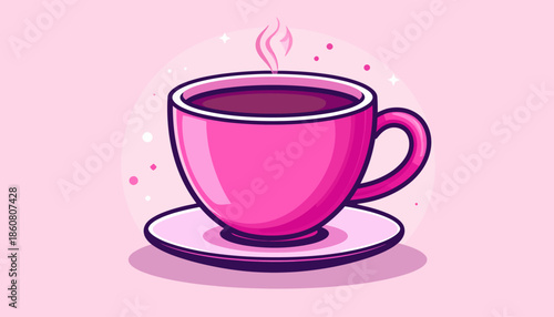 Pink Cup of Coffee with Steam on a Saucer.