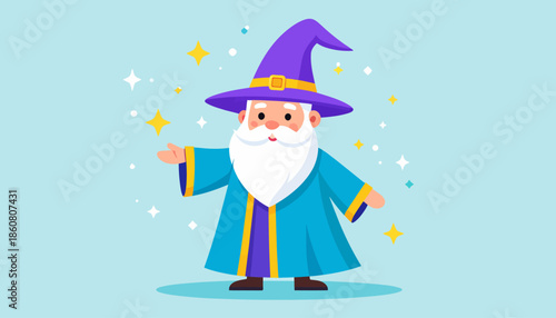 Cartoon Wizard Casting Spell with Magic Wand and Pointy Hat.