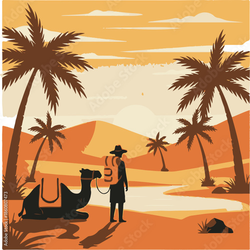 A silhouette of a romantic couple on a tropical beach at sunset stands near a palm tree overlooking the summer sea and island landscape