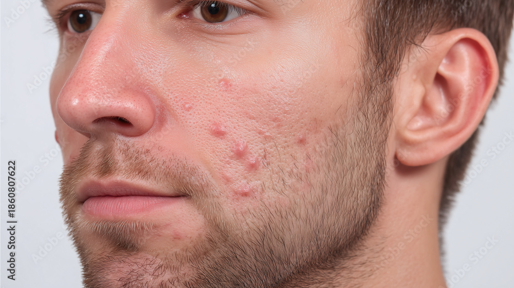 Obraz premium Slight acne texture on male face shown naturally with visible skin pores and facial hair in close up portrait with neutral expression