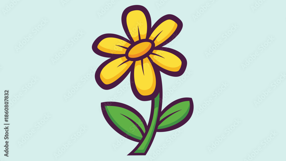 Fototapeta premium Cheerful Yellow Flower with Green Leaves Illustration.