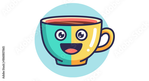 Cheerful Cartoon Cup with a Smiling Face and Colorful Design.