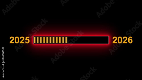 Neon New year 2026 loading bar animation on black background. Glowing Loading bar from 2025 to 2026 motion graphics. Loading Bar Progress From 4k video footage.