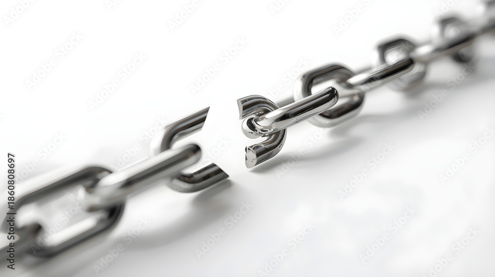 Fototapeta premium Silver metal chain with one broken link on white background