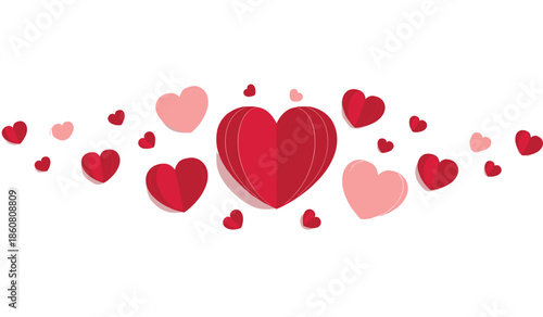 Happy Valentines Day Typography with Red Heart Balloons, Hanging Paper Hearts, and Layered Paper Cut Background, Romantic Greeting Card for Love Celebration