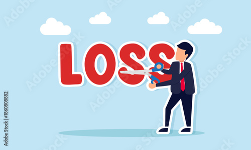 Businessman cutting loss text with scissors illustration of ending a losing trend and turning it into success