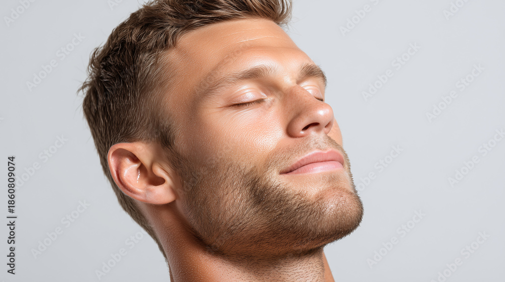 Obraz premium Refreshed cooled male skin texture with smooth finish and relaxed expression on face in close up portrait