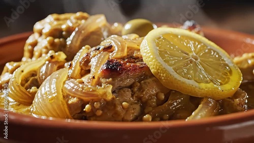 A mouthwatering and aromatic closeup of a traditional Moroccan chicken tagine featuring tender chicken sweet caramelized onions briny green olives and hearty chickpeas beautifully garnished with a fr.