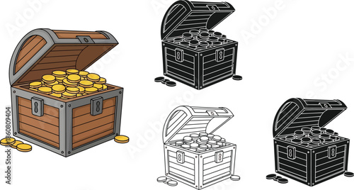 Detailed treasure chest with gold coins various styles on transparent background