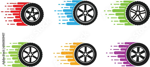 Colorful tire tracks with speed lines vector illustration on transparent background