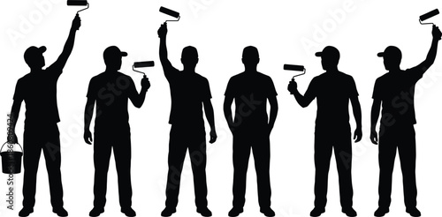Painter worker silhouette set showing professional house painters holding rollers and bucket working poses isolated on white background vector illustration