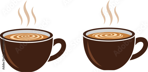 Two steaming cups of coffee side by side on transparent background