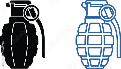 Two grenade icons in black and blue line styles on transparent background