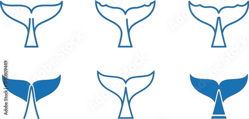 Collection of six whale tail outline and solid icons on transparent background