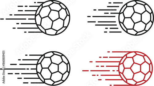 Dynamic soccer balls with speed lines black and red on transparent background