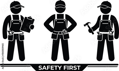 Safety first construction worker icon set showing professional builders with tools clipboard and hammer isolated on white background vector illustration