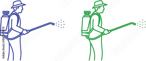 Line art of a man spraying with a backpack sprayer on transparent background
