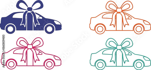 Colorful gift car illustrations with bows perfect for designs on transparent background