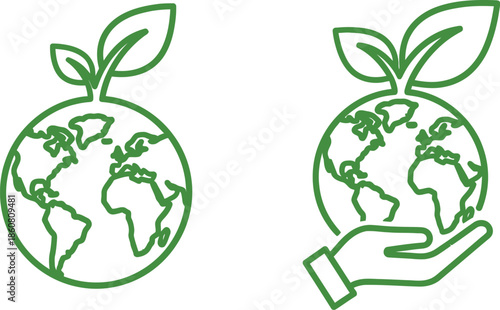 Two green earth icons with leaves representing environmental care on transparent background