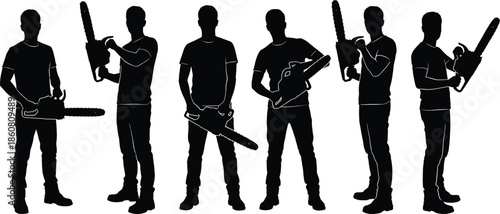 Chainsaw worker silhouette set showing lumberjack forestry professionals holding power saw tools standing poses isolated on white background vector illustration