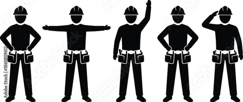 Construction worker silhouette set showing safety helmet builders with hand gestures standing poses isolated on white background vector illustration
