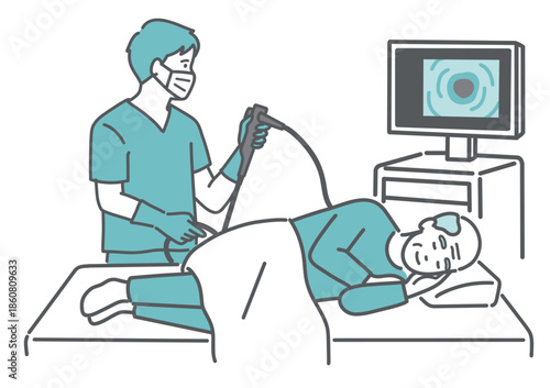 痛みや不快感を感じている大腸カメラ検査のイラスト（高齢男性・鎮静剤なし）