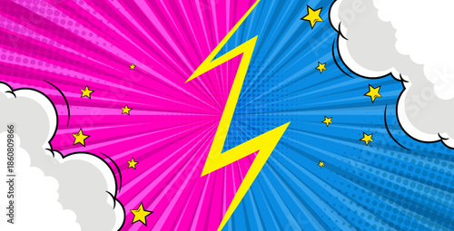 Colorful Comic Style Lightning Split Background with Pink and Blue Radial Halftone Rays, Thunderbolt Divider, Cartoon Clouds and Stars for Versus Battle Design